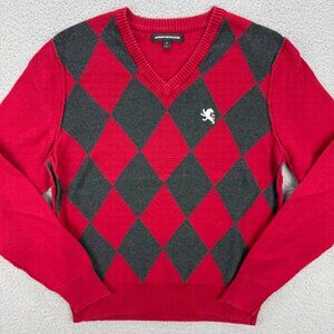 Express Sweater Mens Small S Red Argyle Diamond Pattern V Neck Knit Vintage Y2K